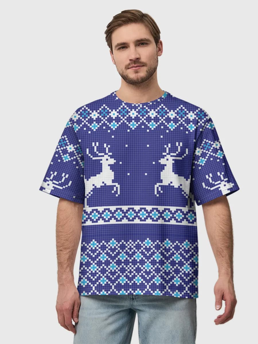 Nordic Reindeer Knit — Men's oversized cotton T-shirt with all-over print, Holidays theme