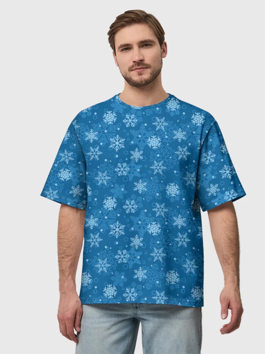 Blue Snowflake Flurry — Men's oversized cotton T-shirt with all-over print, Snowflakes theme