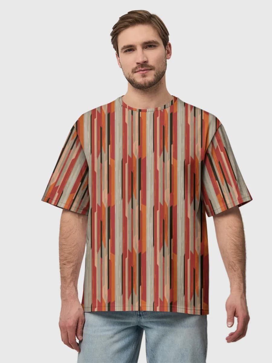 Retro Geometric Stripes — Men's oversized cotton T-shirt with all-over print, Abstract theme