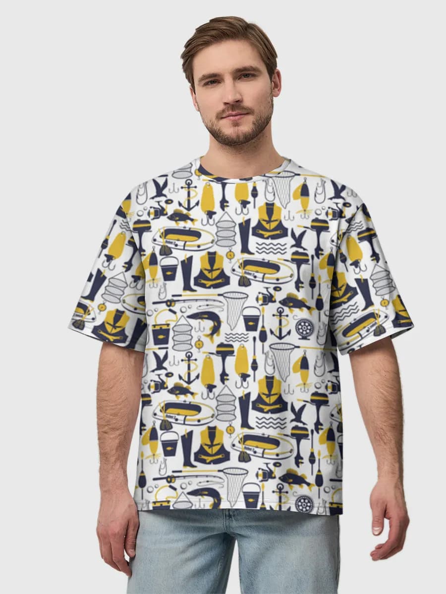 Fishing Tackle Collage — Men's oversized cotton T-shirt with all-over print, Fishing theme
