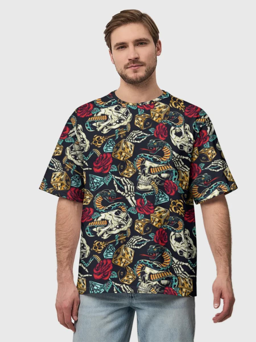 Skulls Roses Snakes And Dice — Men's oversized cotton T-shirt with all-over print, Skulls theme
