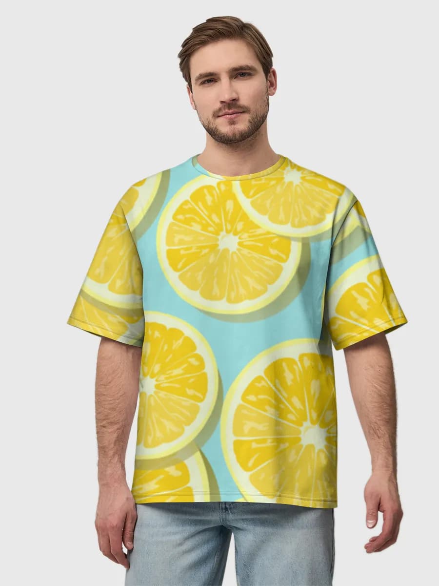 Sunny Lemon Slices — Men's oversized cotton T-shirt with all-over print, Lemons theme