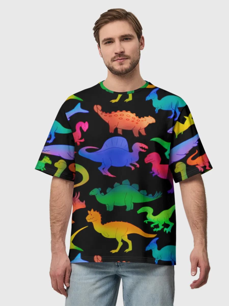 Neon Rainbow Dinosaurs — Men's oversized cotton T-shirt with all-over print, Dinosaurs theme