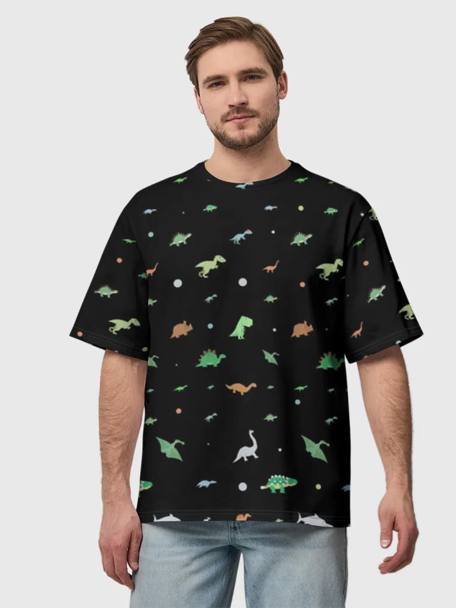 Cosmic Cute Dinosaurs — Men's oversized cotton T-shirt with all-over print, Dinosaurs theme