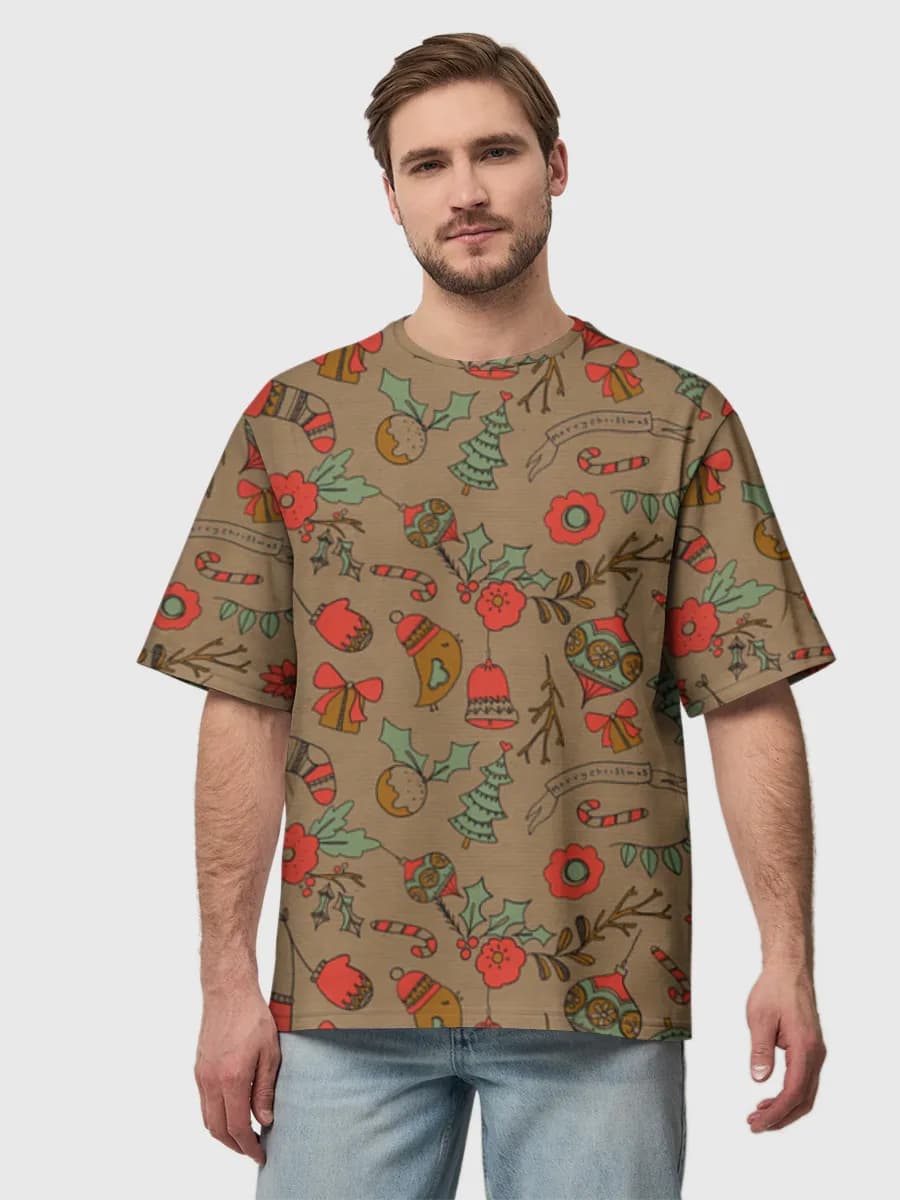 Retro Christmas Doodle Icons — Men's oversized cotton T-shirt with all-over print, Holidays theme