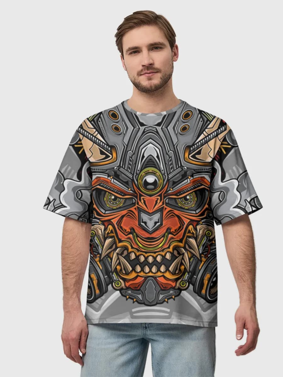 Cyber Oni Mask — Men's oversized cotton T-shirt with all-over print, Cyberpunk theme