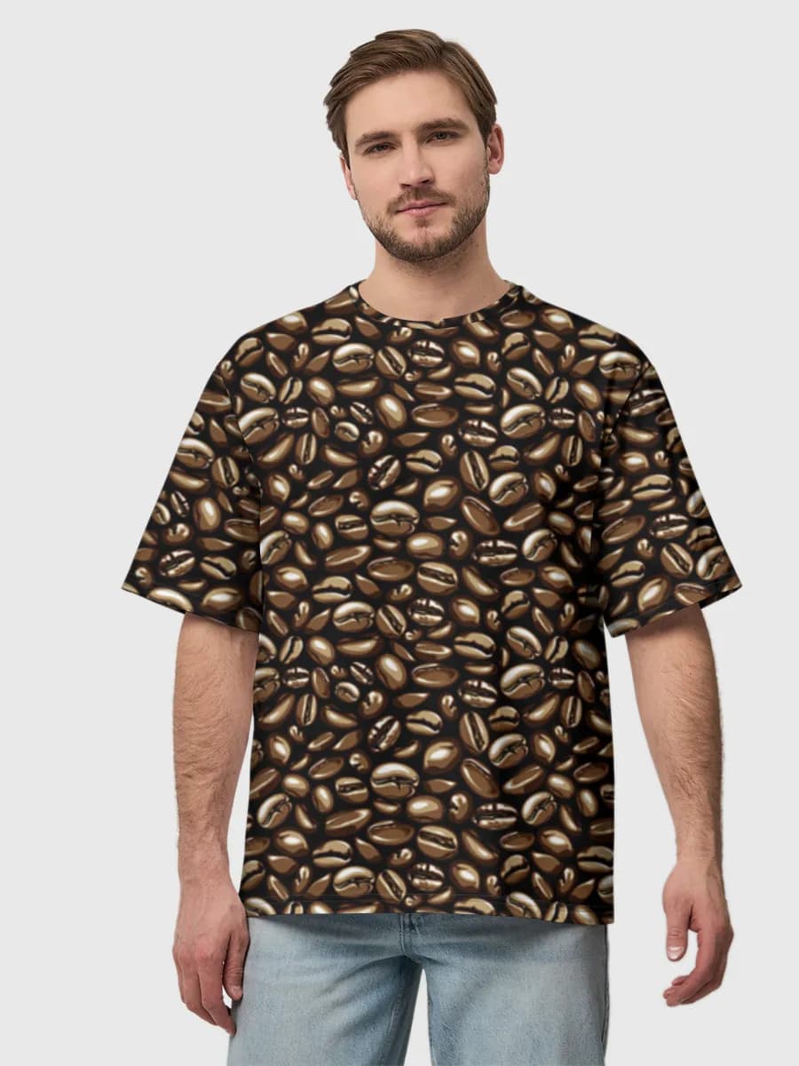 Coffee Bean Scatter — Men's oversized cotton T-shirt with all-over print, Coffee theme