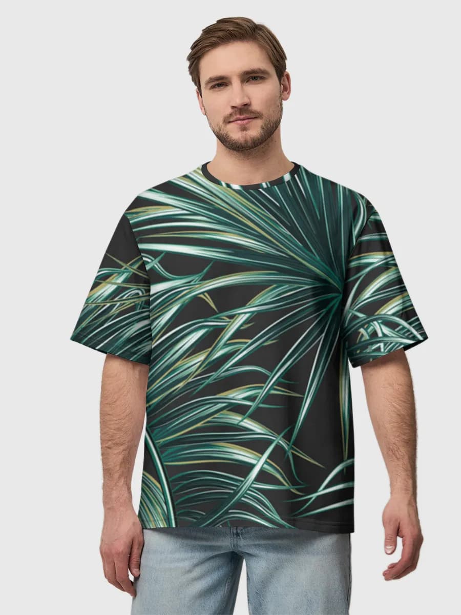 Neon Tropical Palm Leaves — Men's oversized cotton T-shirt with all-over print, Nature theme