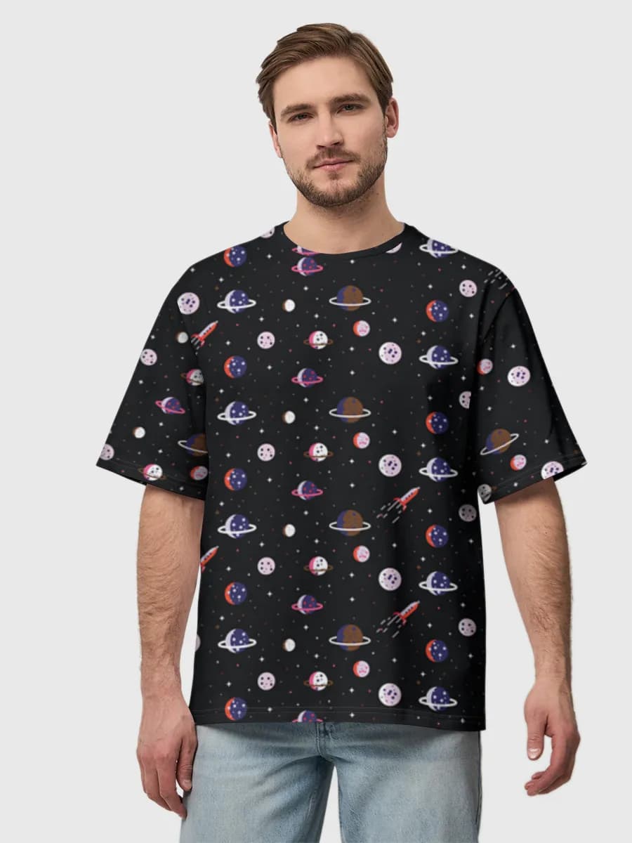 Retro Space Doodles — Men's oversized cotton T-shirt with all-over print, Space theme