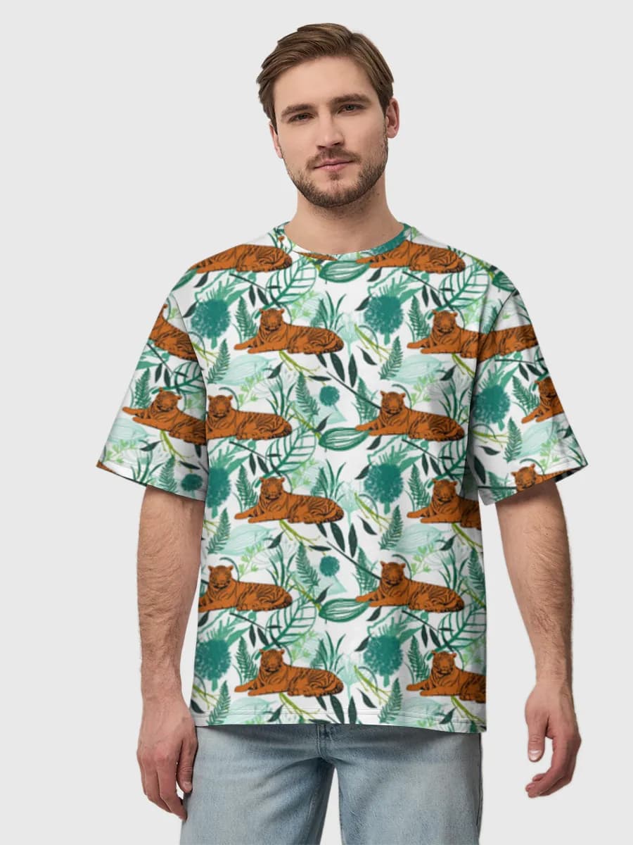 Tiger In Tropical Leaves — Men's oversized cotton T-shirt with all-over print, Tiger theme