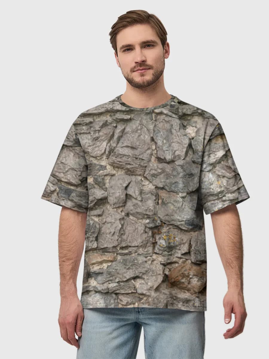 Rustic Stone Wall Texture — Men's oversized cotton T-shirt with all-over print, Stone theme