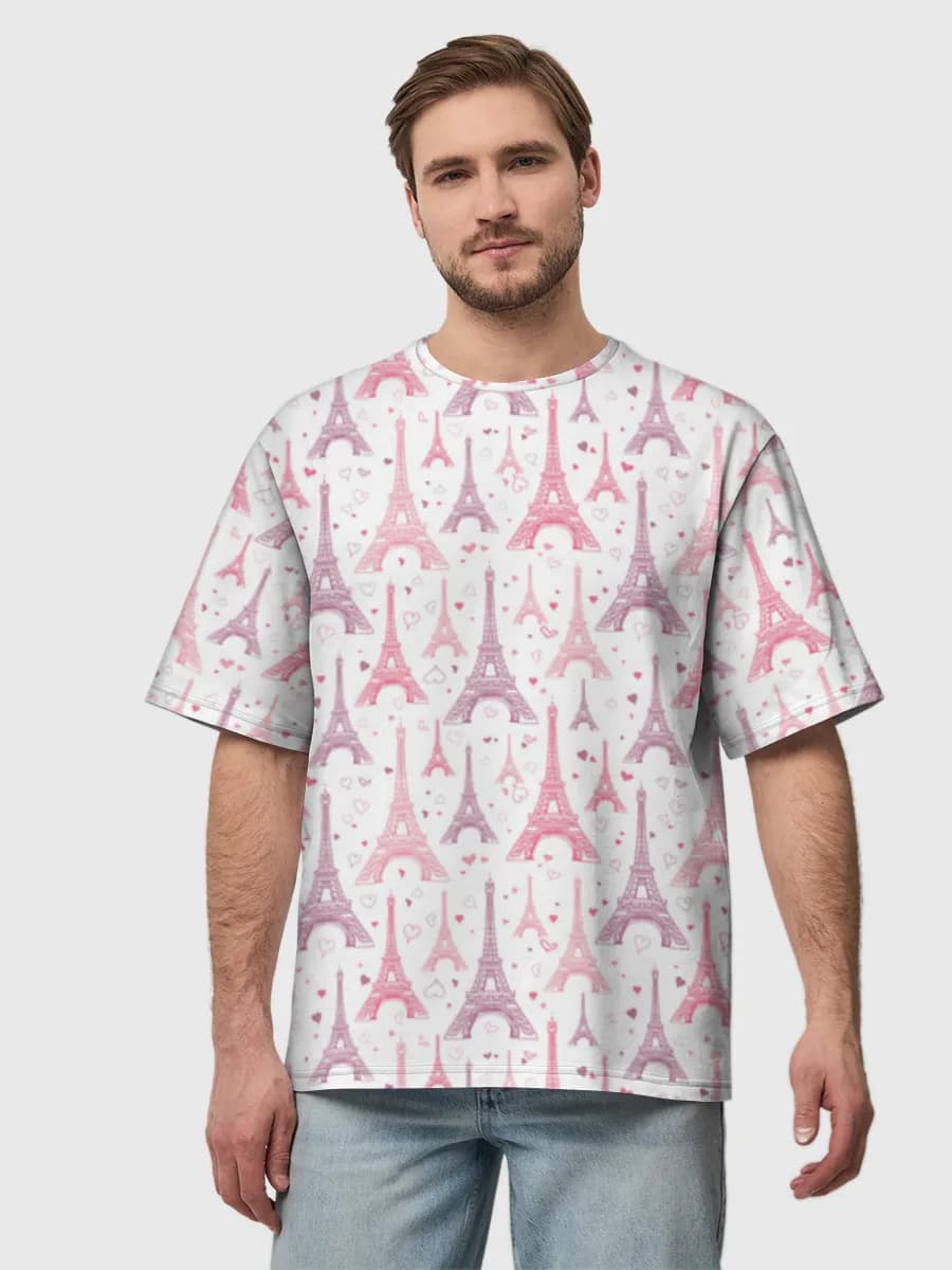 Pink Eiffel Tower Hearts — Men's oversized cotton T-shirt with all-over print, Paris theme