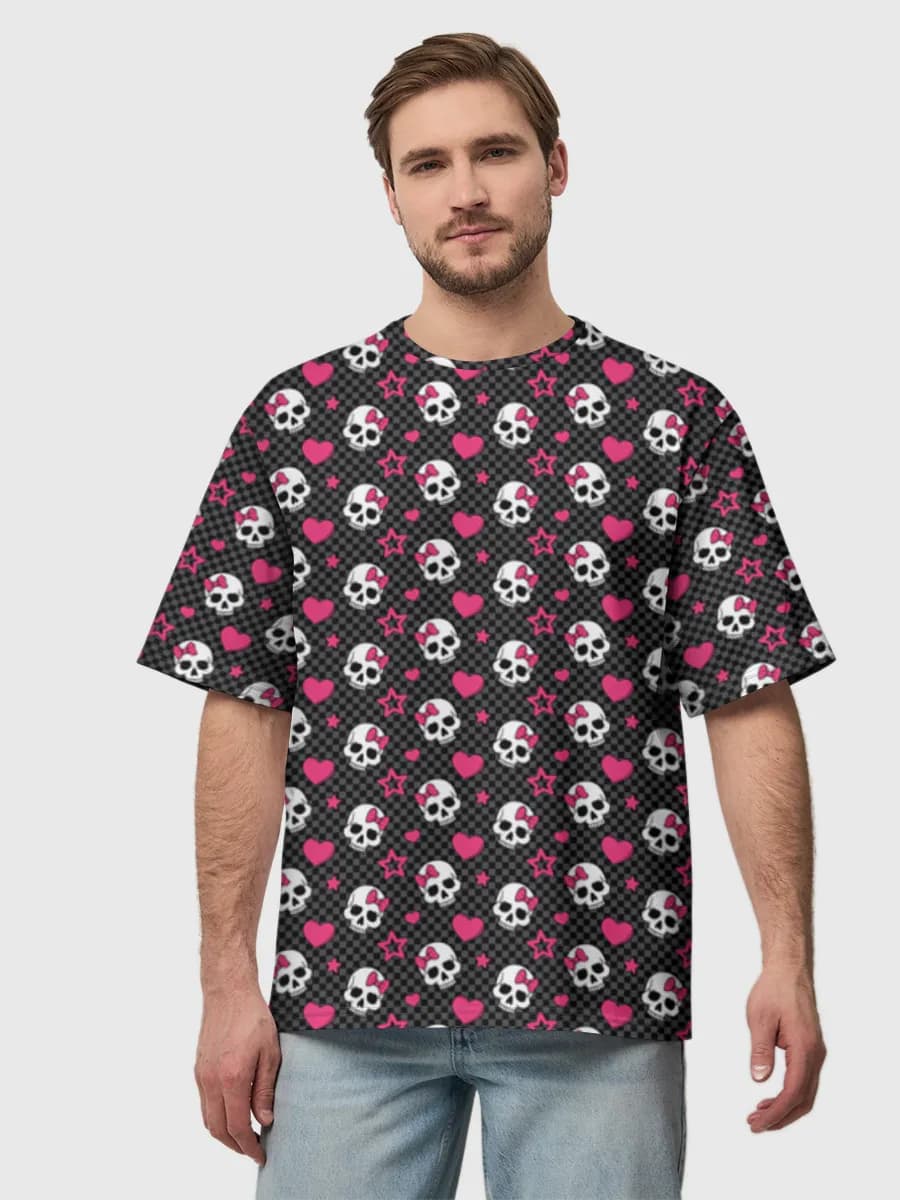Kawaii Skulls And Hearts — Men's oversized cotton T-shirt with all-over print, Skulls theme
