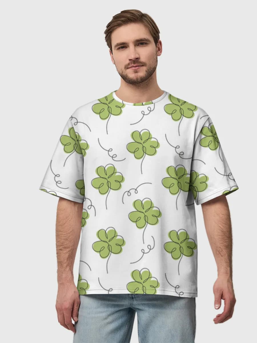 Lucky Shamrock Clover Doodles — Men's oversized cotton T-shirt with all-over print, Trébol theme