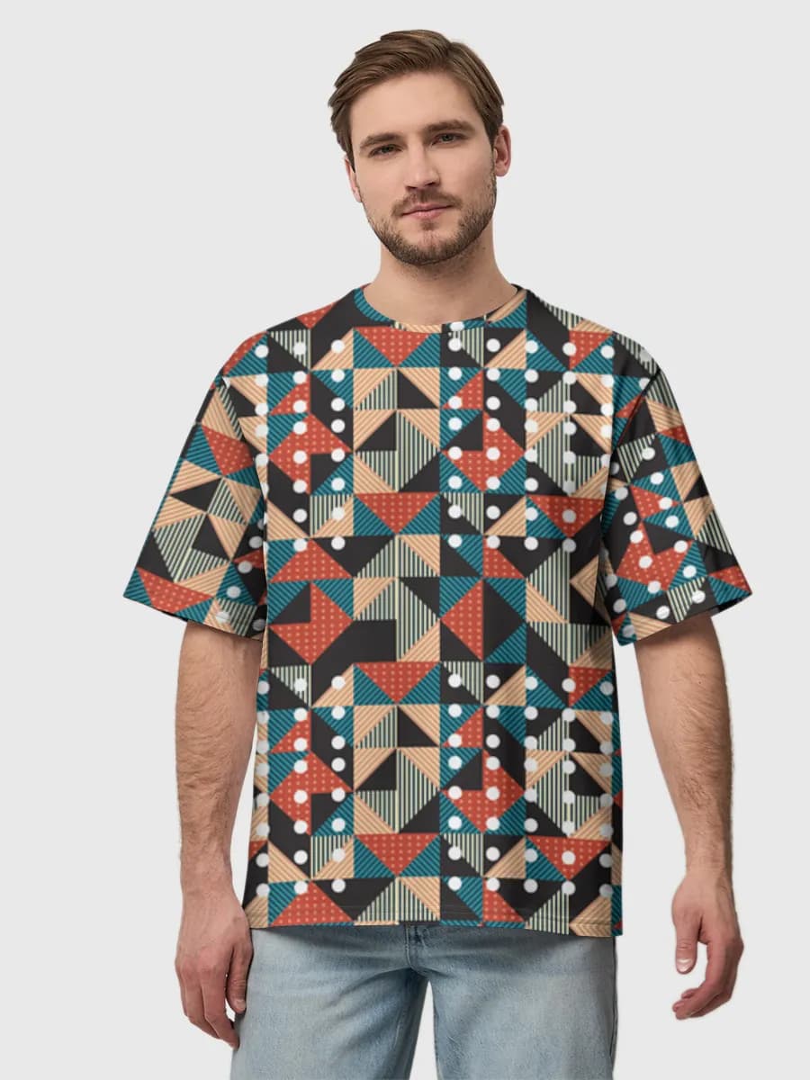 Retro Geometric Mosaic — Men's oversized cotton T-shirt with all-over print, Geometric theme