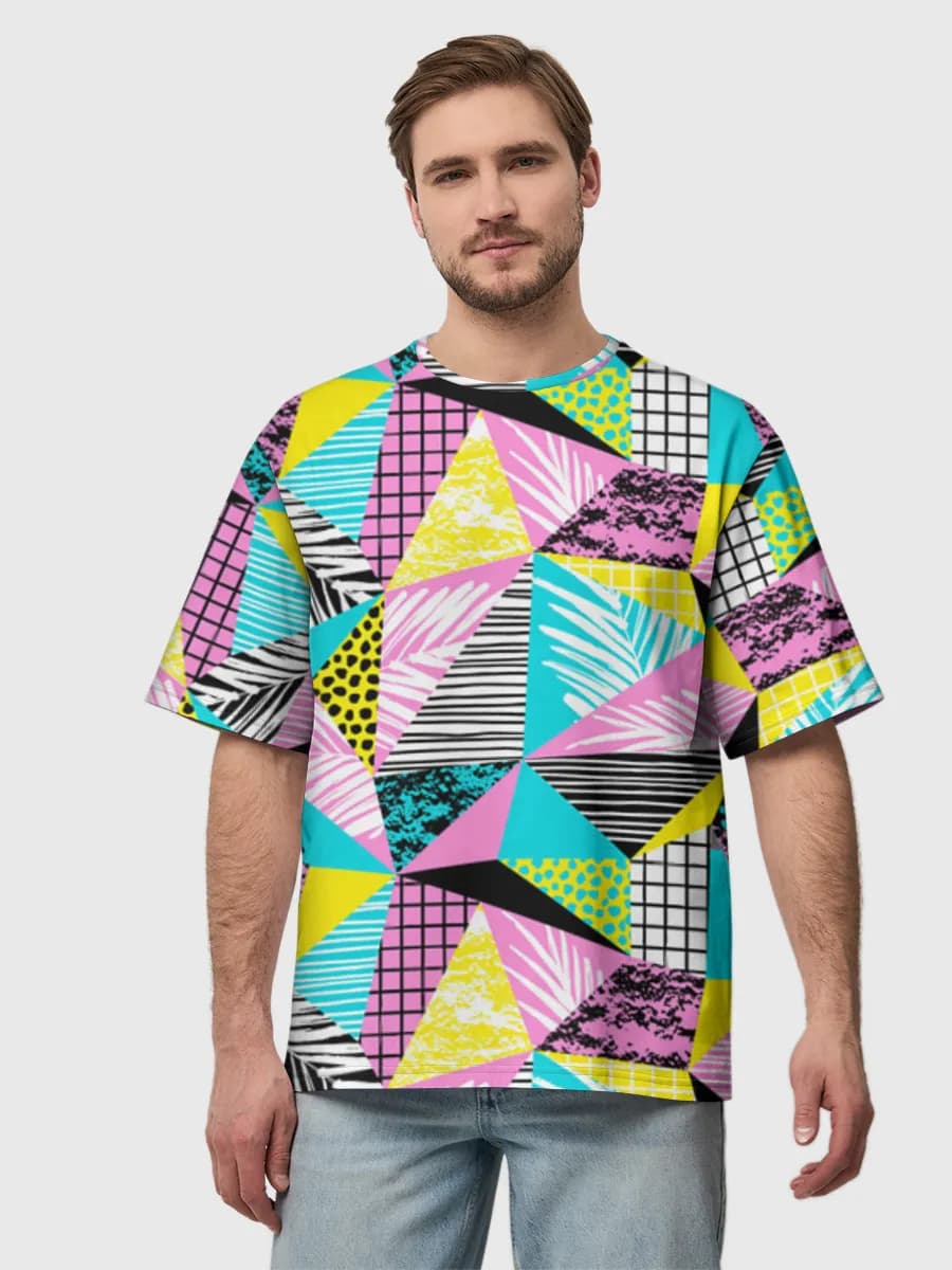 Memphis Geometric Collage — Men's oversized cotton T-shirt with all-over print, Abstract theme