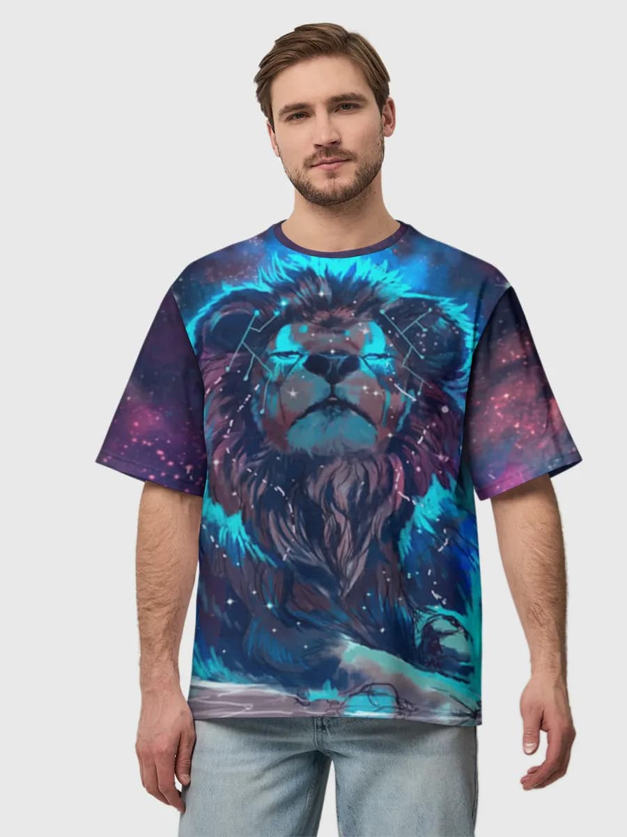 Cosmic Neon Lion — Men's oversized cotton T-shirt with all-over print, Lion theme