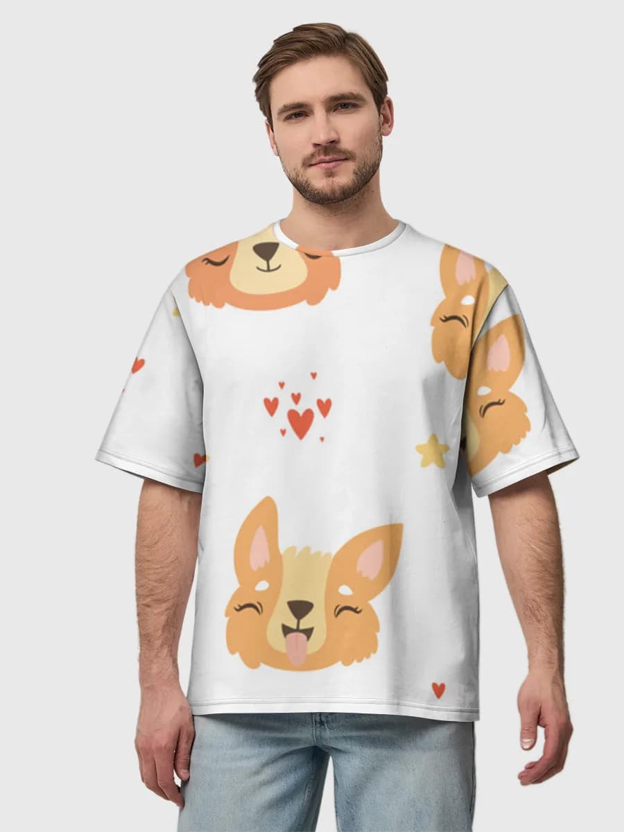 Cute Corgi Hearts — Men's oversized cotton T-shirt with all-over print, Corgi theme