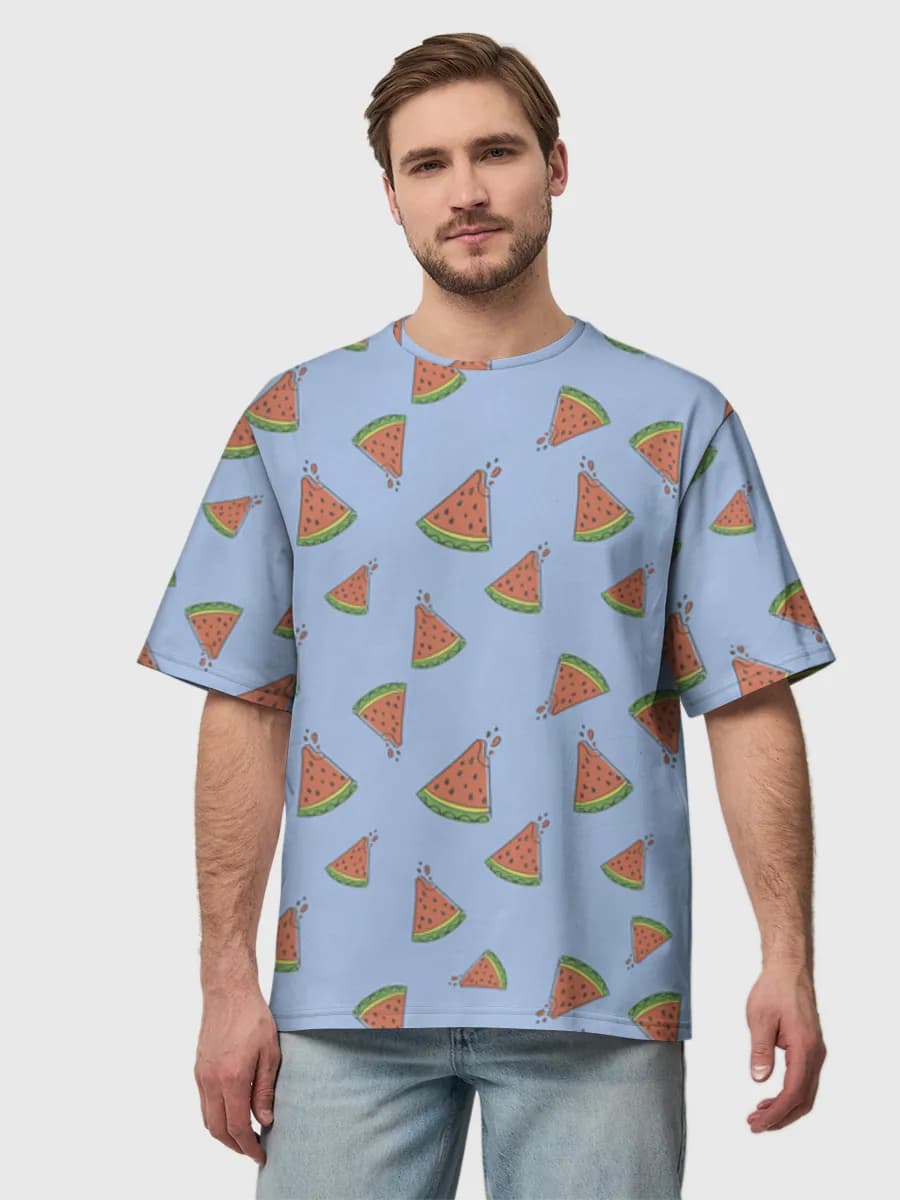 Watermelon Slice Scatter — Men's oversized cotton T-shirt with all-over print, Watermelon theme