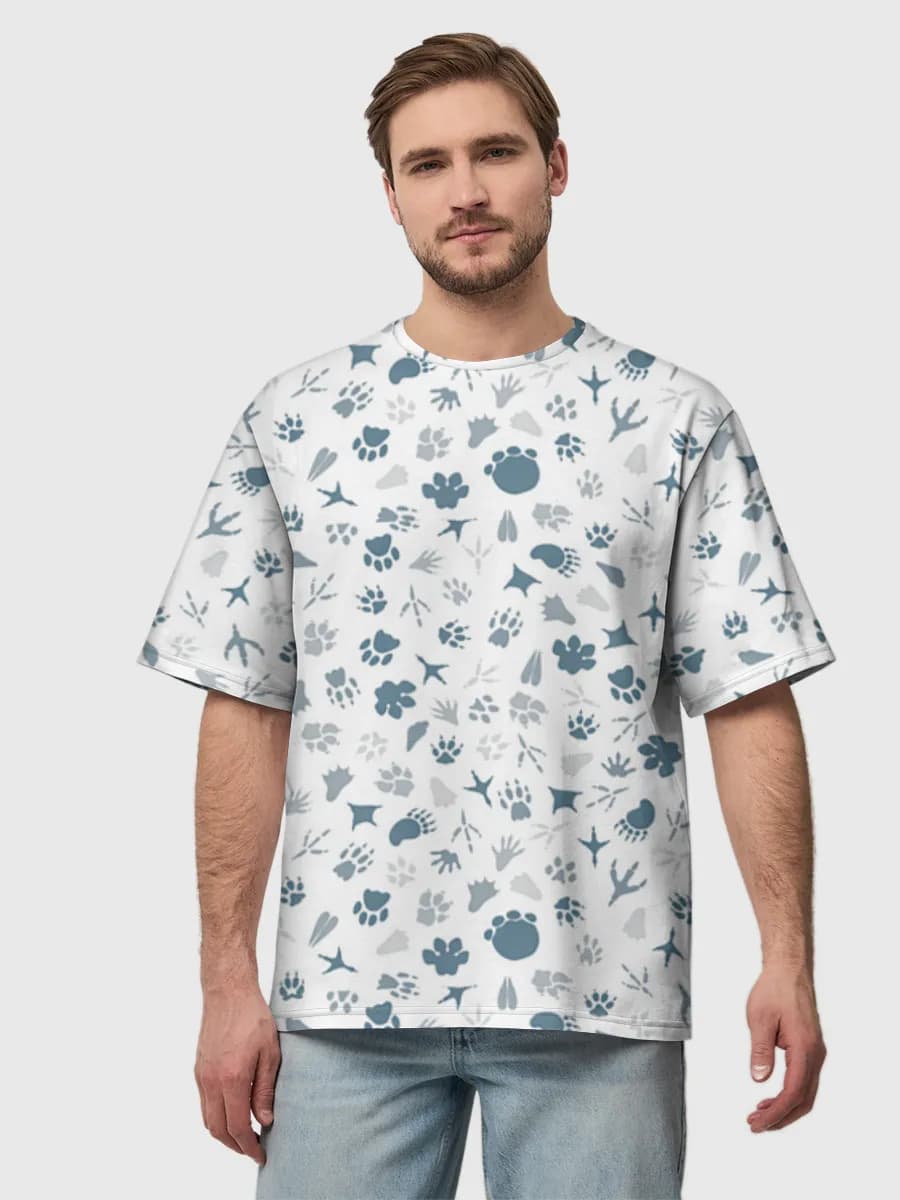 Blue Paw Prints — Men's oversized cotton T-shirt with all-over print, Paw Prints theme