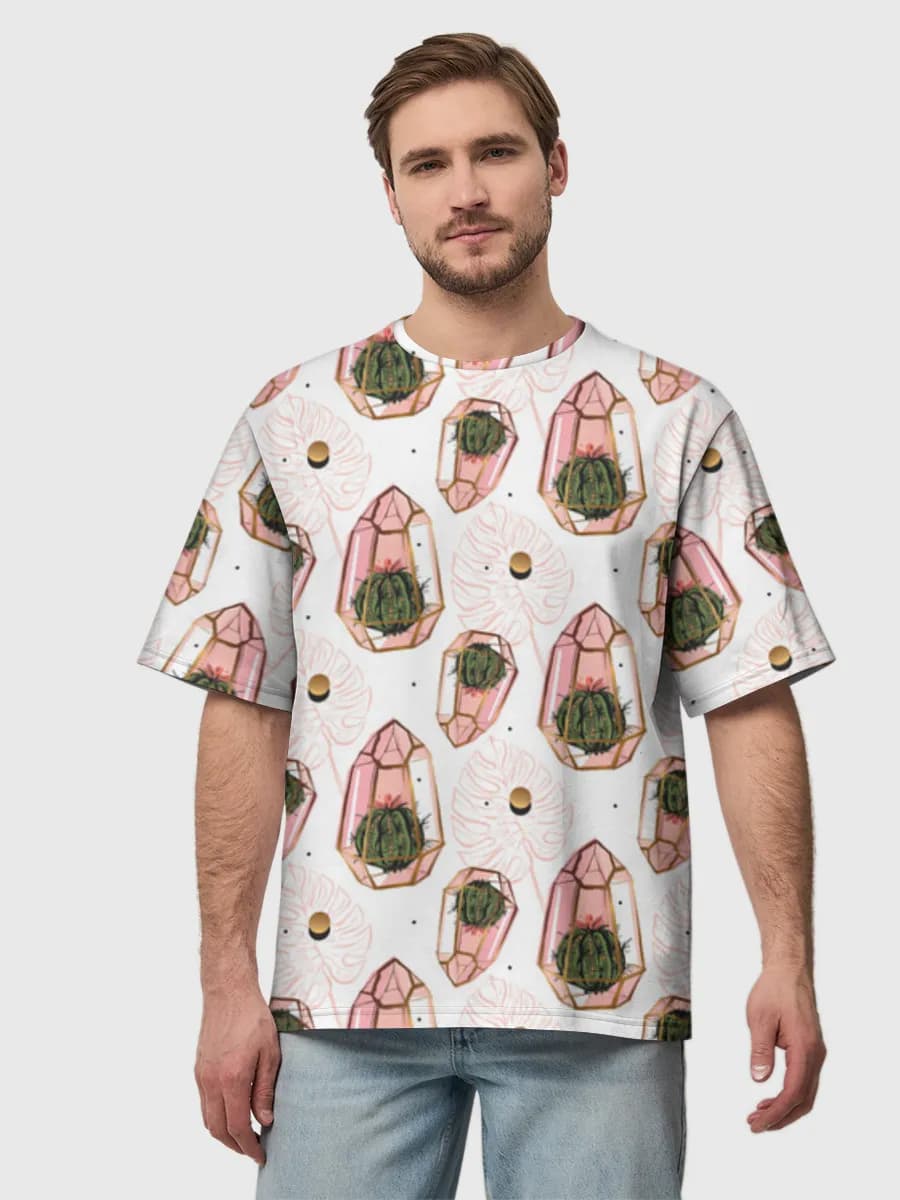 Crystal Cactus Garden — Men's oversized cotton T-shirt with all-over print, Cactus theme