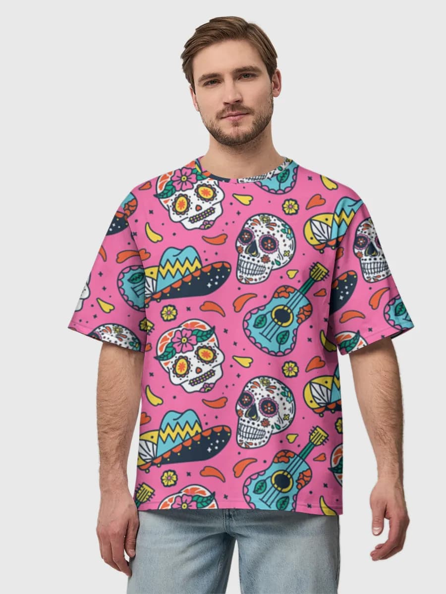 Fiesta Sugar Skulls — Men's oversized cotton T-shirt with all-over print, Sugar Skull theme
