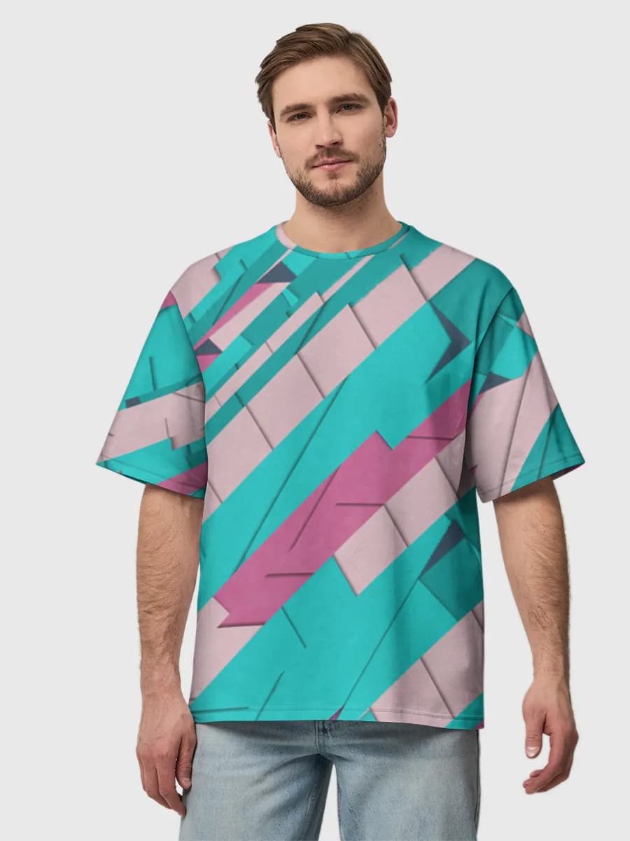 Teal Pink Paper Cut — Men's oversized cotton T-shirt with all-over print, Abstract theme