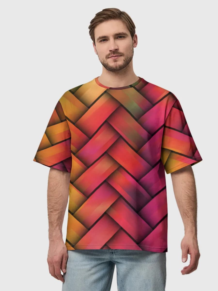 Vibrant Woven Color Blocks — Men's oversized cotton T-shirt with all-over print, Abstract theme