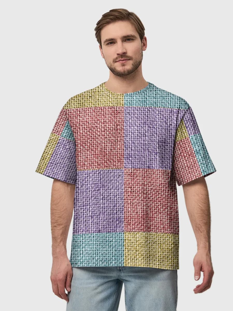 Pastel Burlap Patchwork — Men's oversized cotton T-shirt with all-over print, Patchwork theme