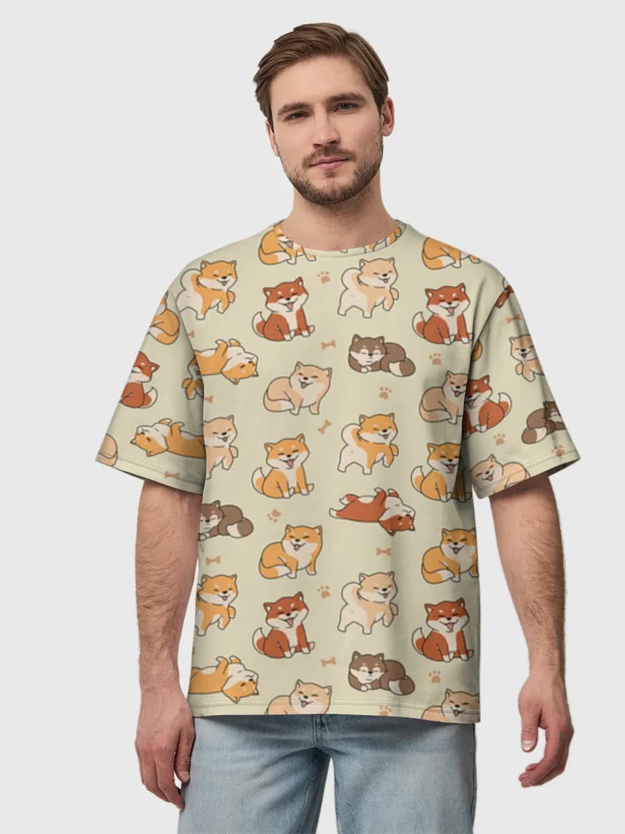 Cute Shiba Inu Squad — Men's oversized cotton T-shirt with all-over print, Dogs theme