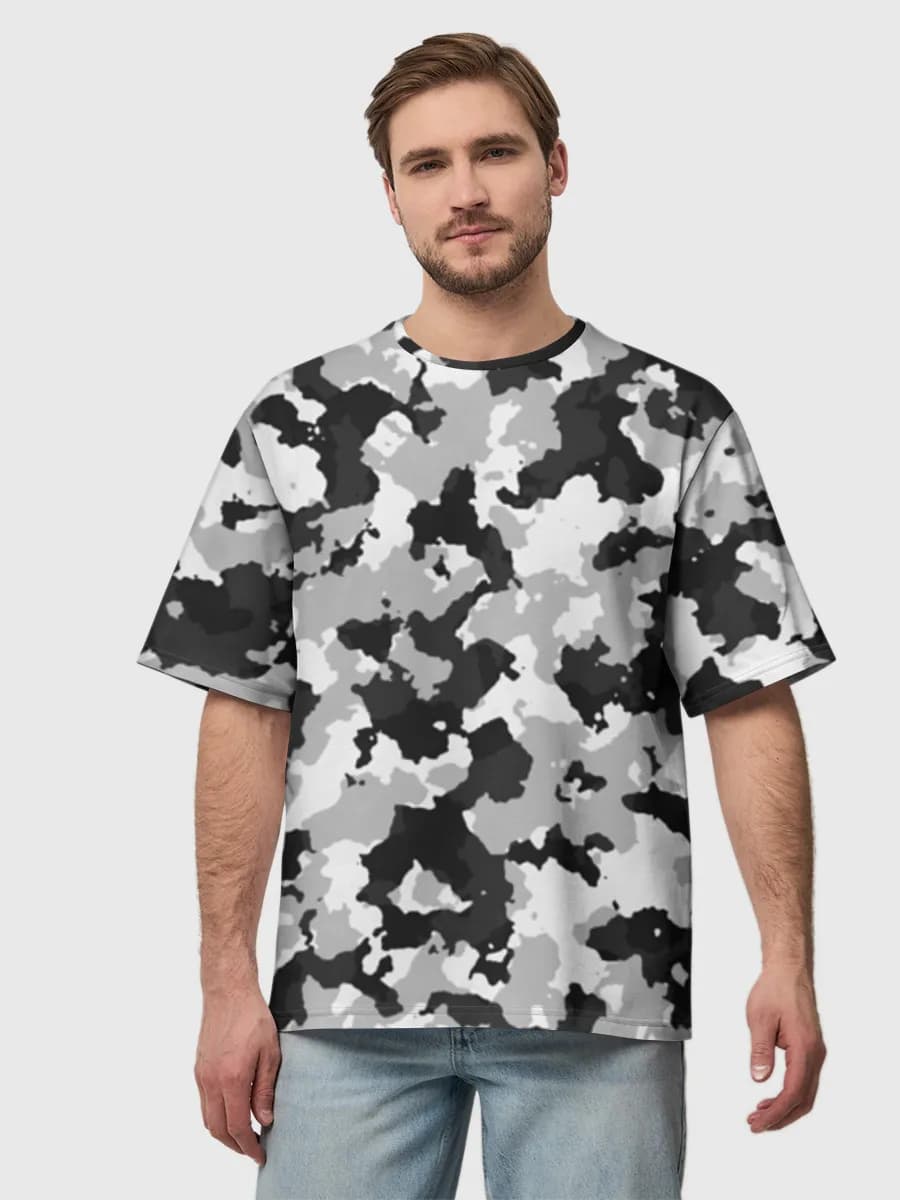 Monochrome Camo Texture — Men's oversized cotton T-shirt with all-over print, Camouflage theme