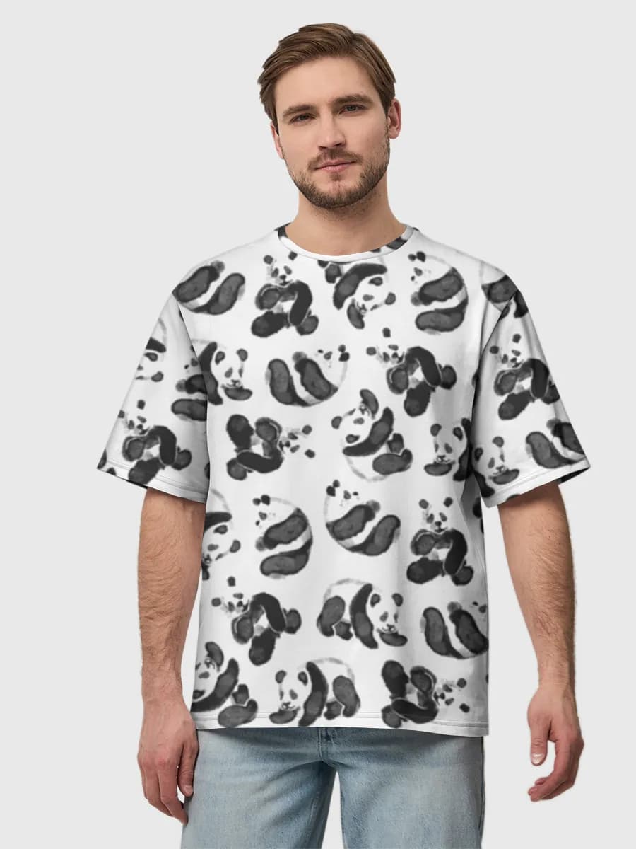 Watercolor Panda Toss — Men's oversized cotton T-shirt with all-over print, Panda theme