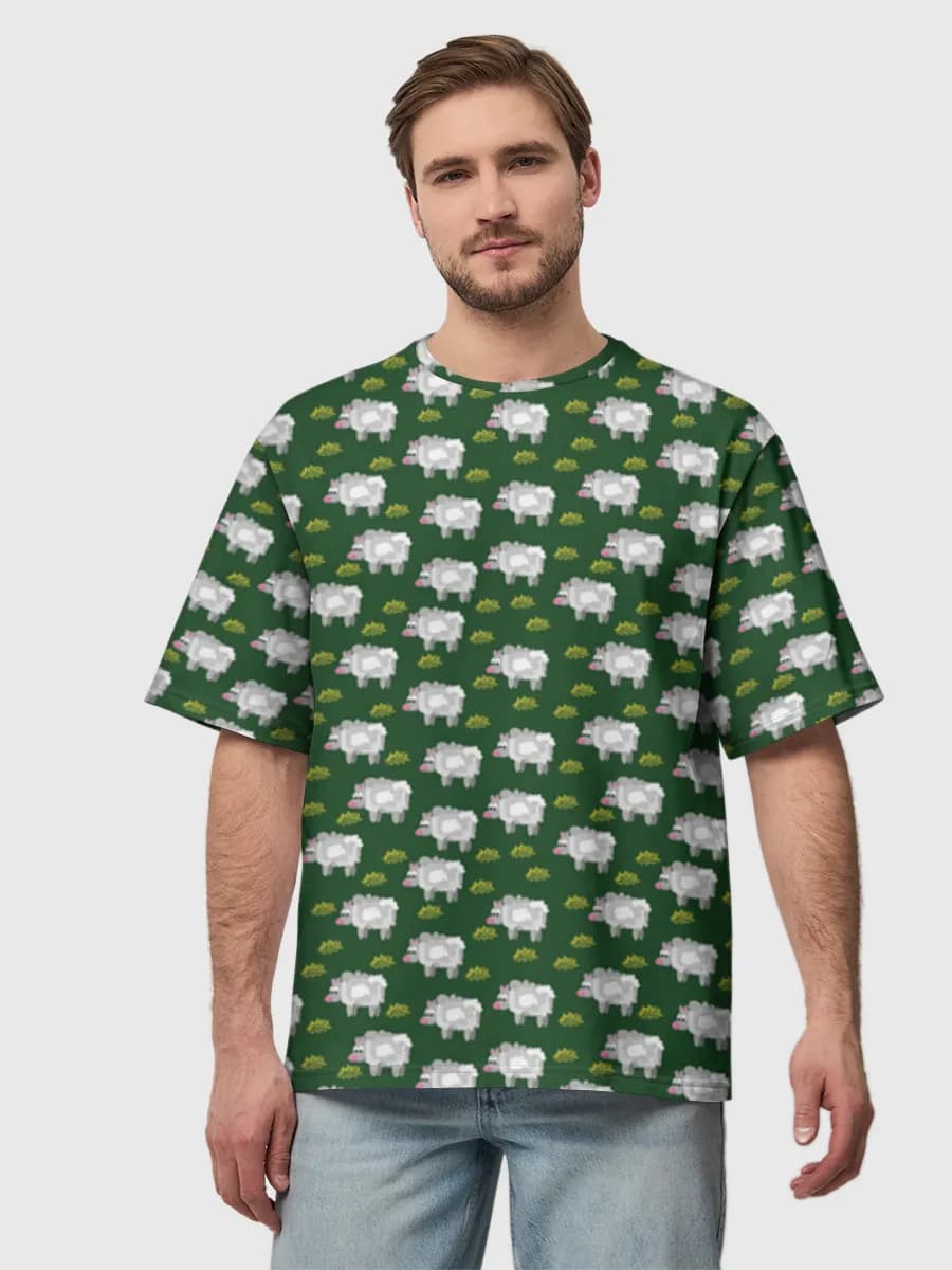 Cute Sheep Meadow — Men's oversized cotton T-shirt with all-over print, Sheep theme