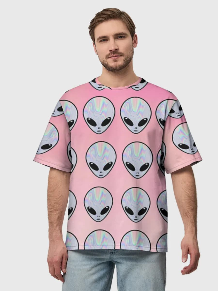 Pastel Holographic Alien Heads — Men's oversized cotton T-shirt with all-over print, Aliens theme