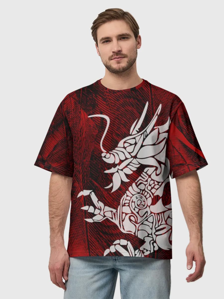 Crimson Leaf Dragon — Men's oversized cotton T-shirt with all-over print, Dragon theme