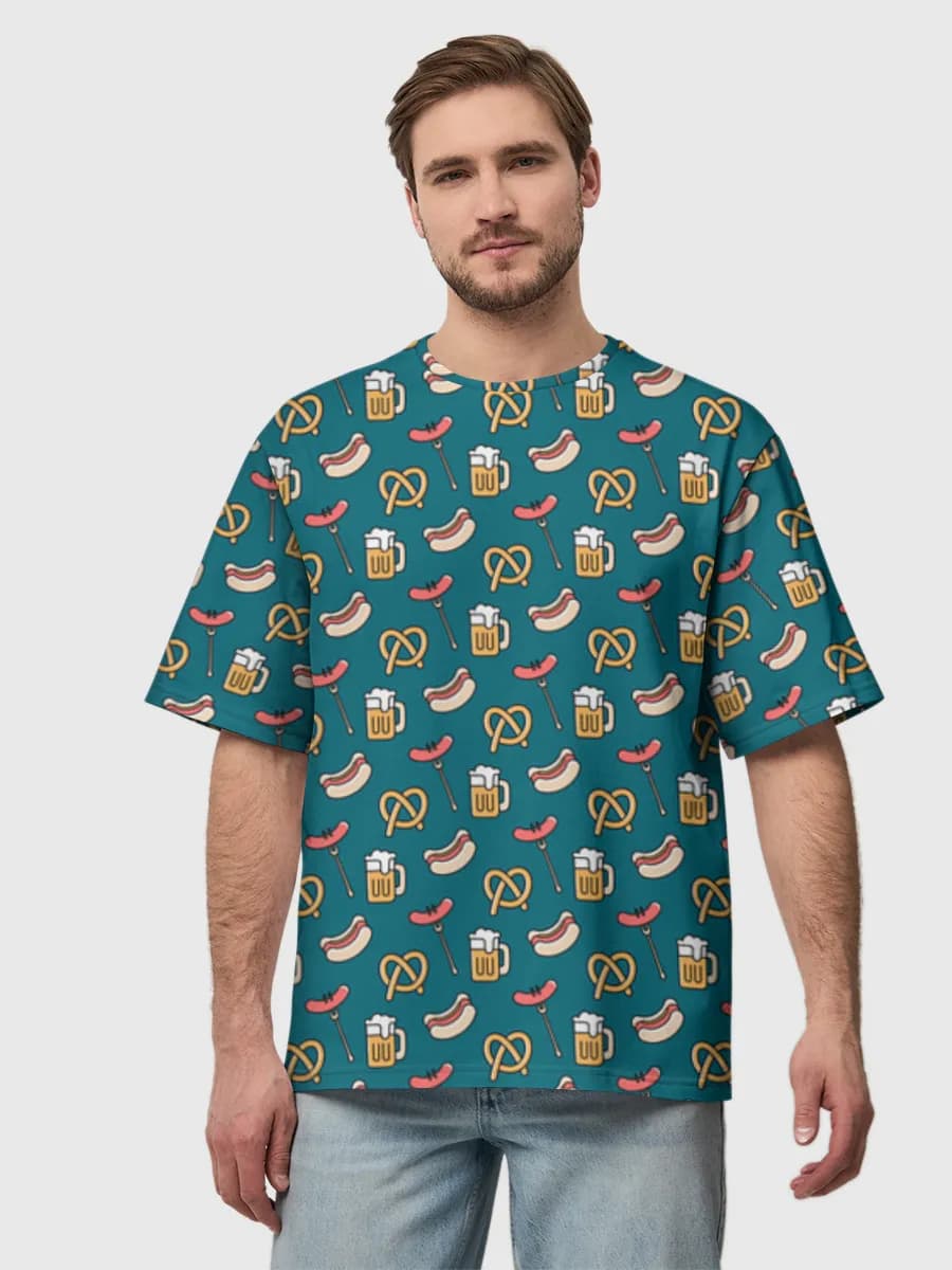 Oktoberfest Beer And Pretzels — Men's oversized cotton T-shirt with all-over print, Oktoberfest theme