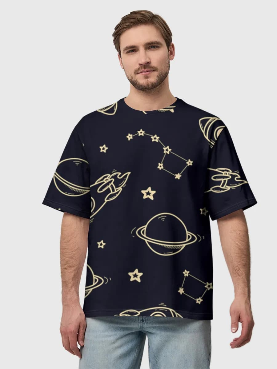 Retro Space Doodles — Men's oversized cotton T-shirt with all-over print, Space theme