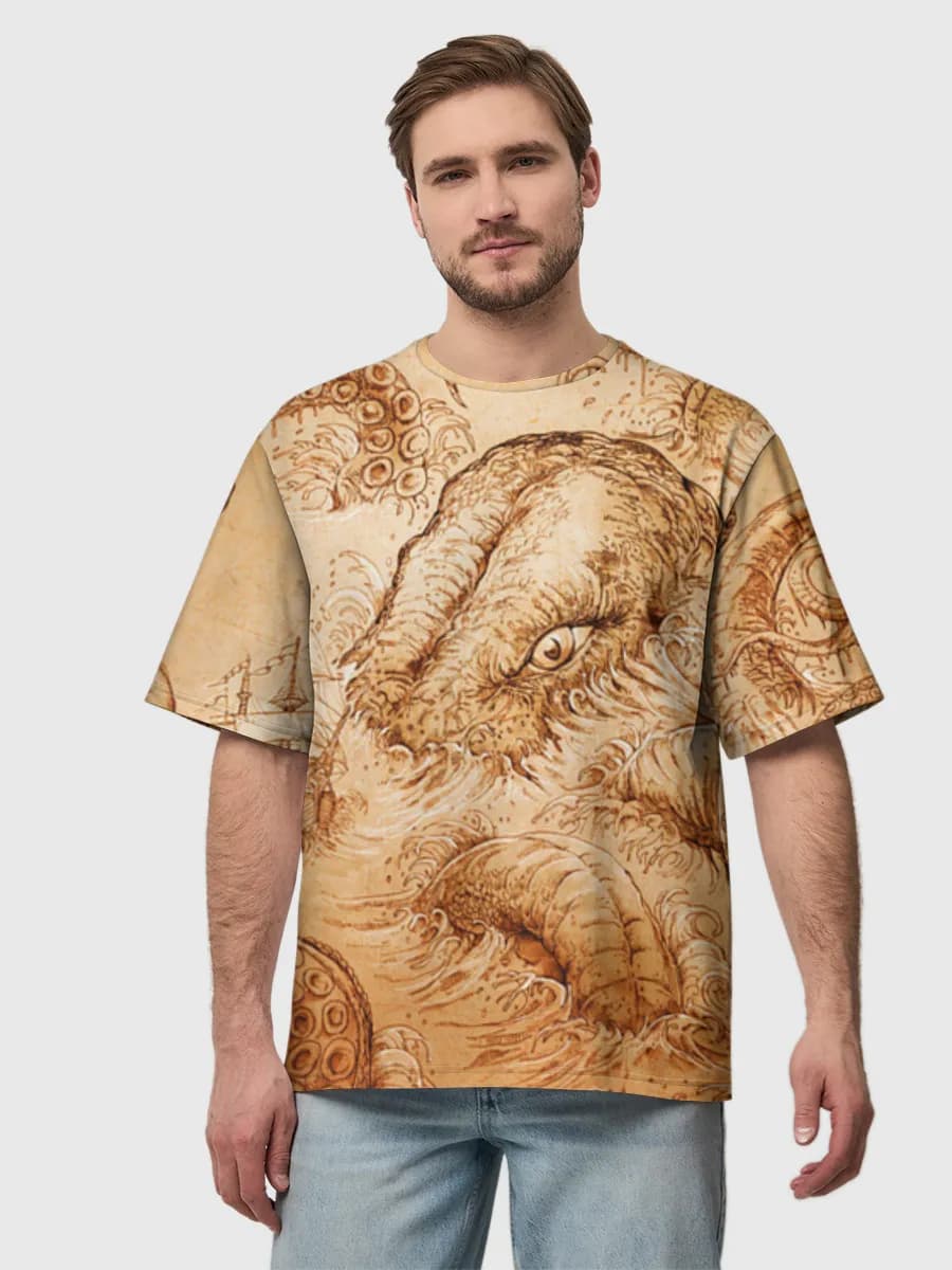 Kraken Attacks Sailing Ship — Men's oversized cotton T-shirt with all-over print, Kraken theme