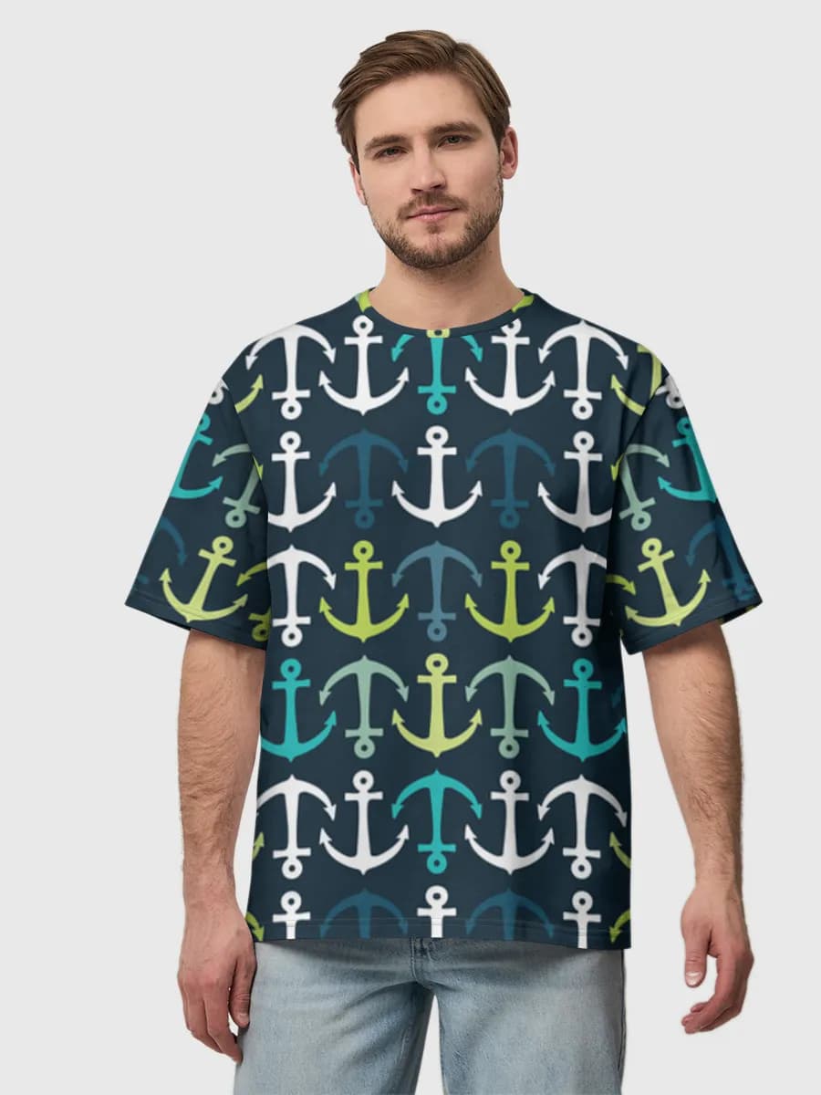 Nautical Anchor Motif — Men's oversized cotton T-shirt with all-over print, Anchor theme