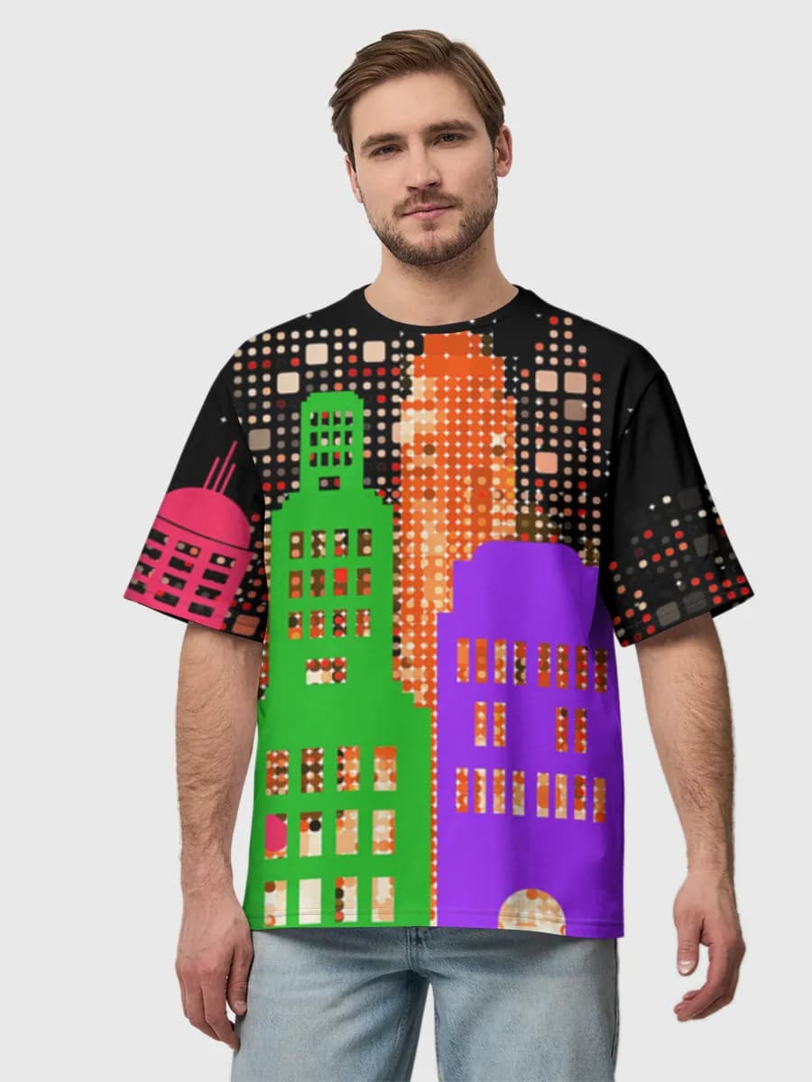 Neon City Skyline — Men's oversized cotton T-shirt with all-over print, Cityscape theme
