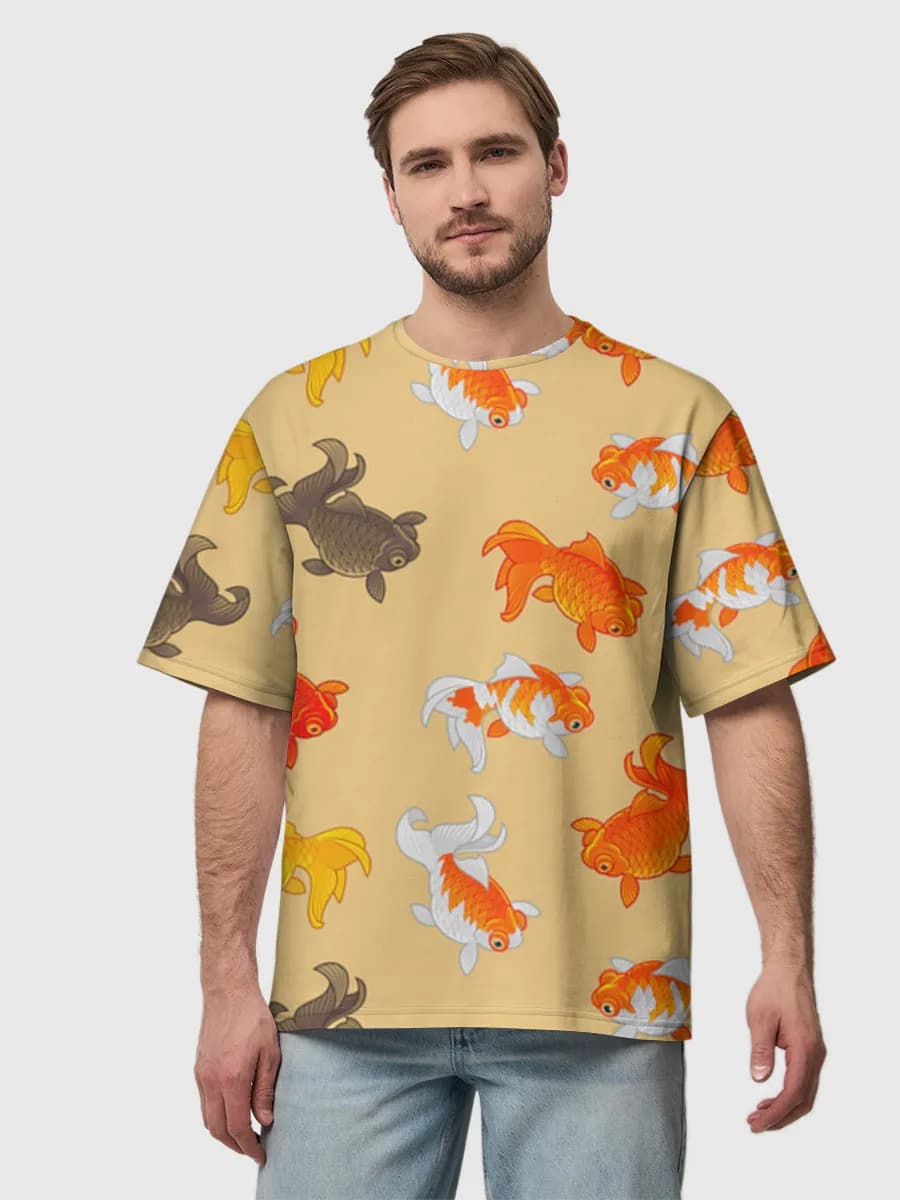 Colorful Koi Fish Swim — Men's oversized cotton T-shirt with all-over print, Fish theme