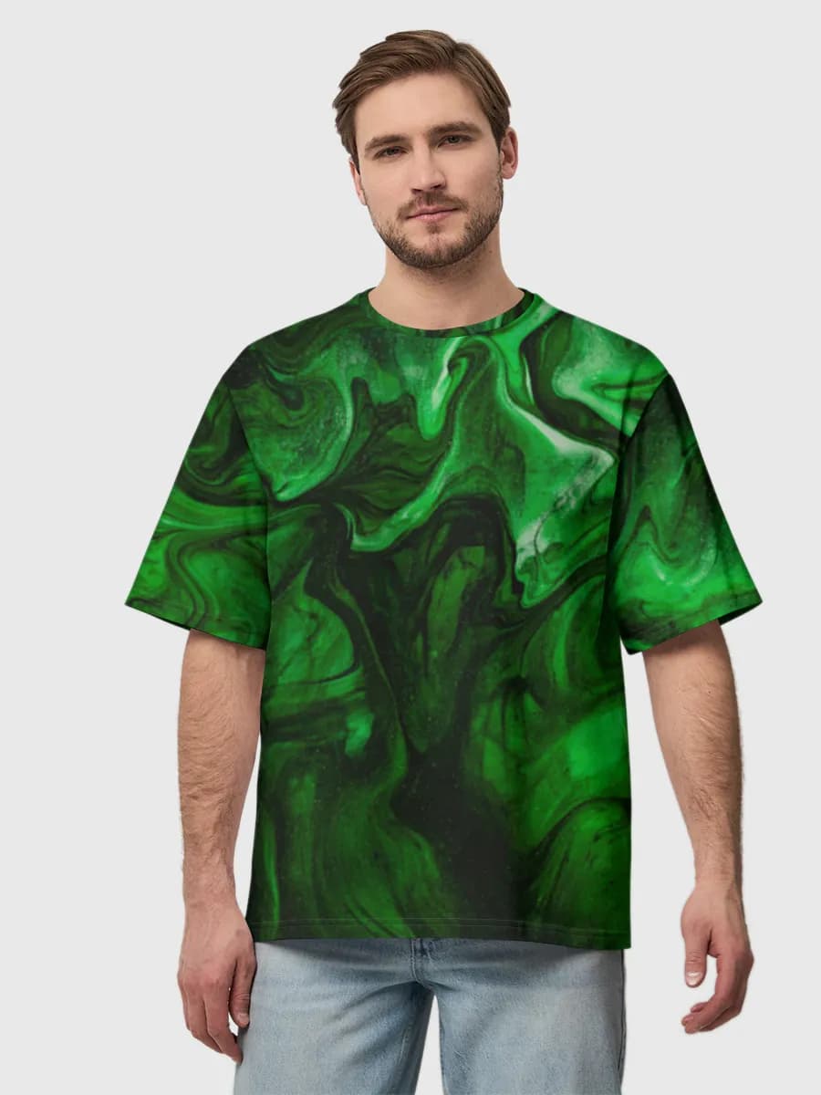 Emerald Marble Swirl — Men's oversized cotton T-shirt with all-over print, Abstract theme