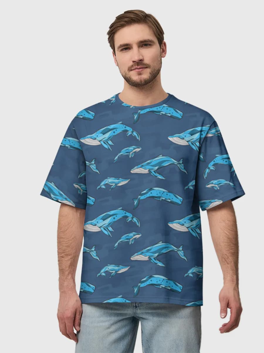 Blue Whales In Ocean — Men's oversized cotton T-shirt with all-over print, Whale theme