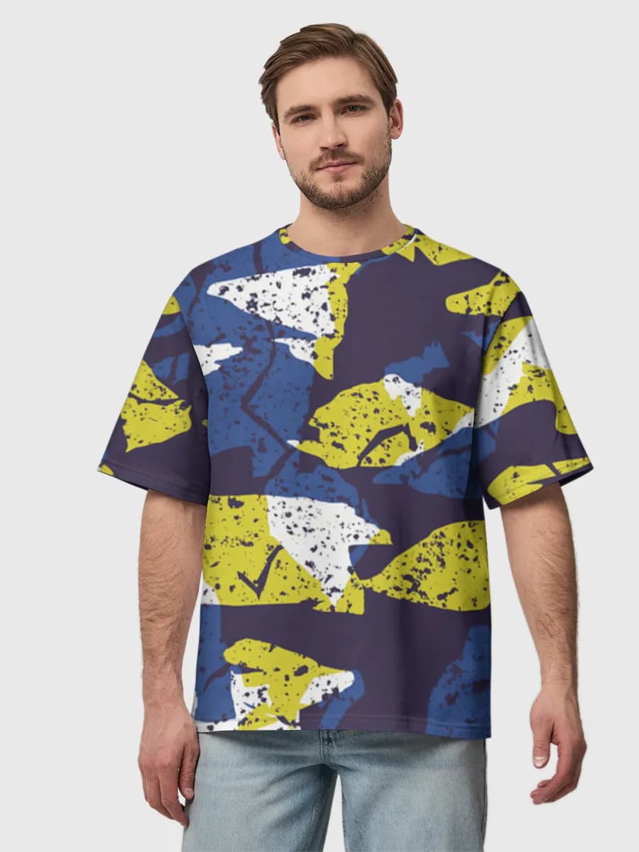 Grunge Blue Yellow Camo — Men's oversized cotton T-shirt with all-over print, Camouflage theme