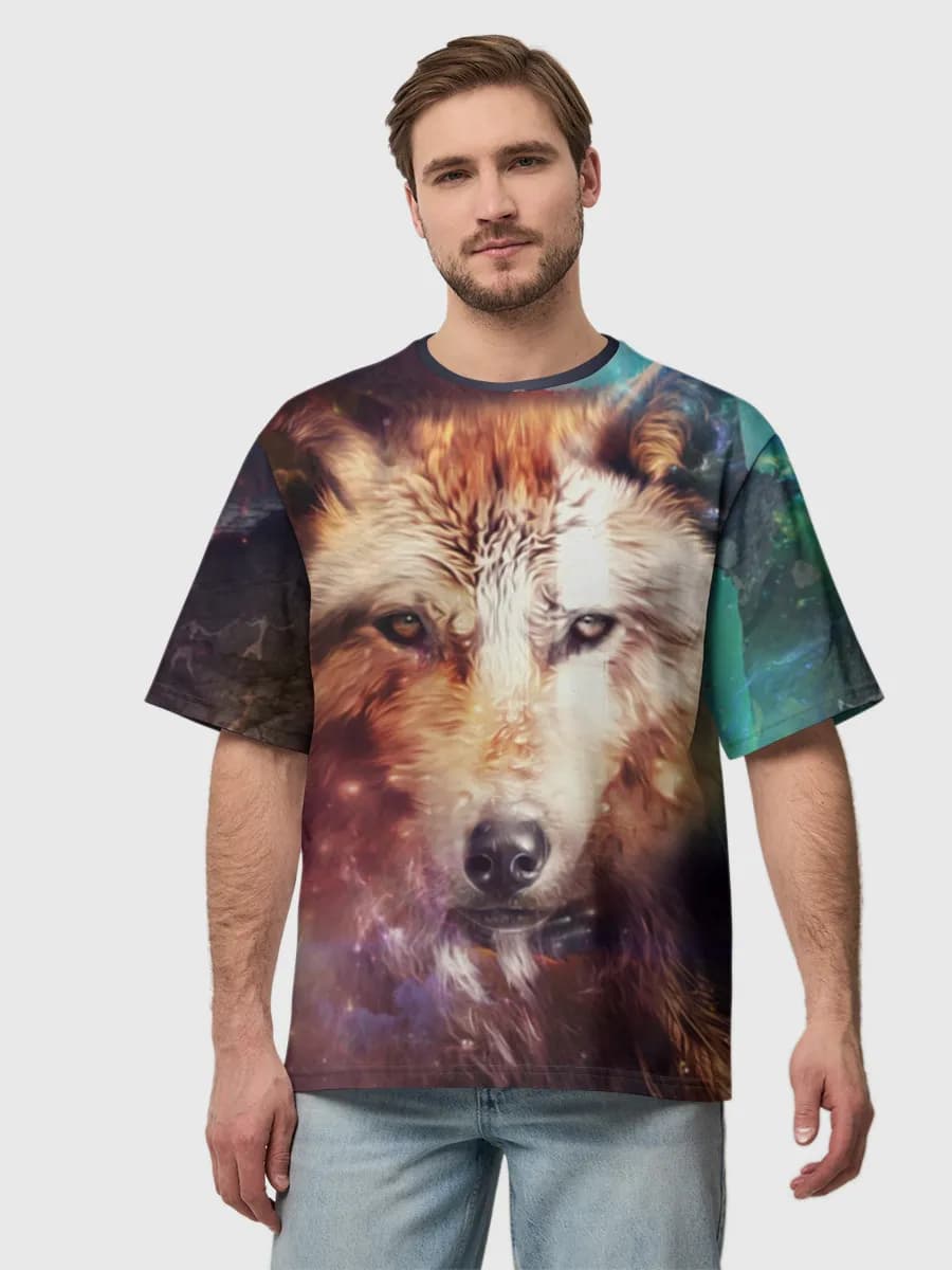 Cosmic Wolf Portrait — Men's oversized cotton T-shirt with all-over print, Wolf theme