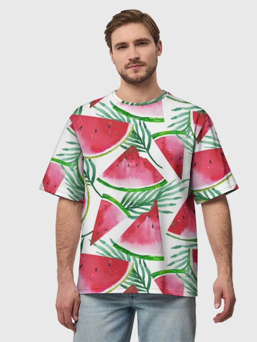 Watercolor Watermelon Slices — Men's oversized cotton T-shirt with all-over print, Watermelon theme