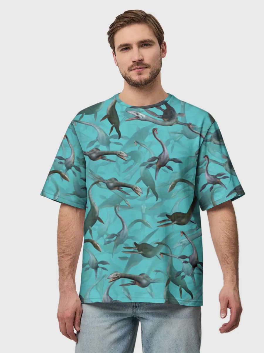 Prehistoric Sea Reptiles — Men's oversized cotton T-shirt with all-over print, Dinosaurs theme