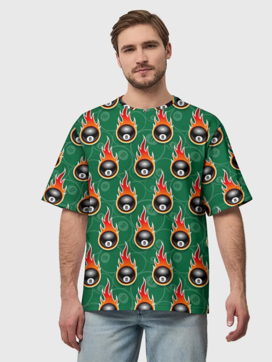 Flaming 8 Ball Icons — Men's oversized cotton T-shirt with all-over print, Billiards theme
