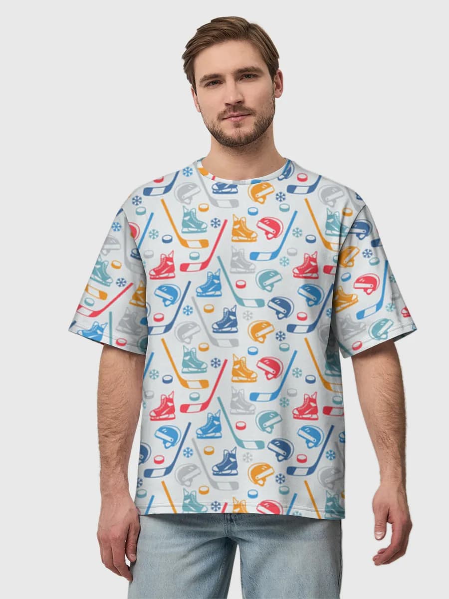 Colorful Hockey Gear — Men's oversized cotton T-shirt with all-over print, Hockey theme