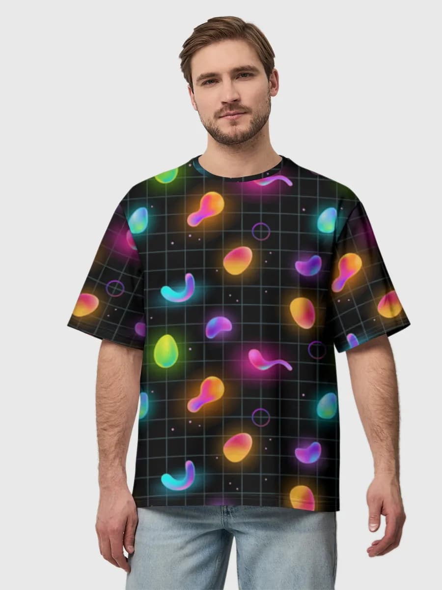 Neon Abstract Grid — Men's oversized cotton T-shirt with all-over print, Abstract theme